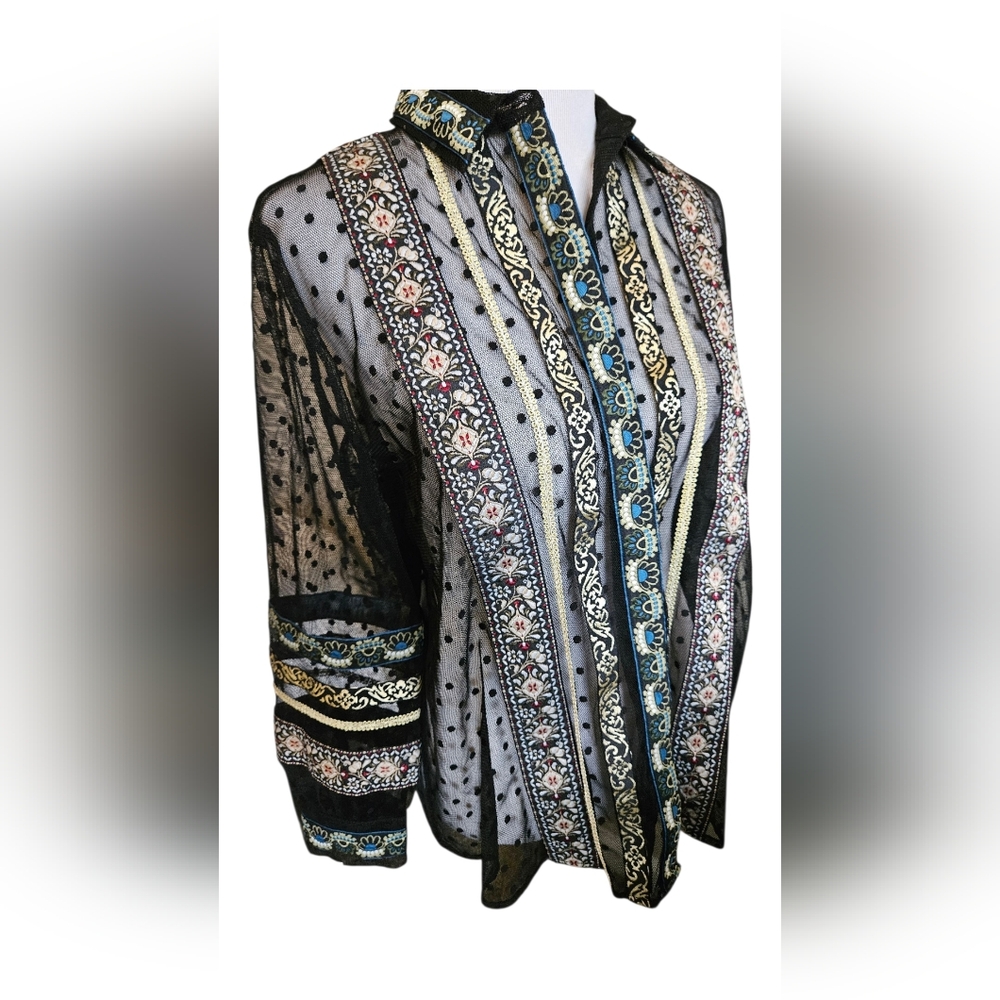Chicos Tapesty Sheer Black Blouse with Multicolor Embroidery Size 2P.